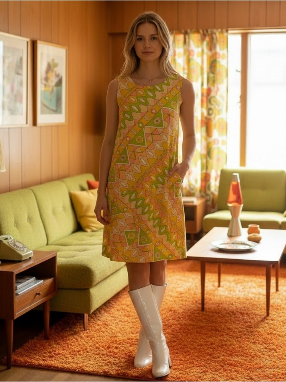 1960s psychedelic all-in-one yellow, green, orange geometric cotton blend